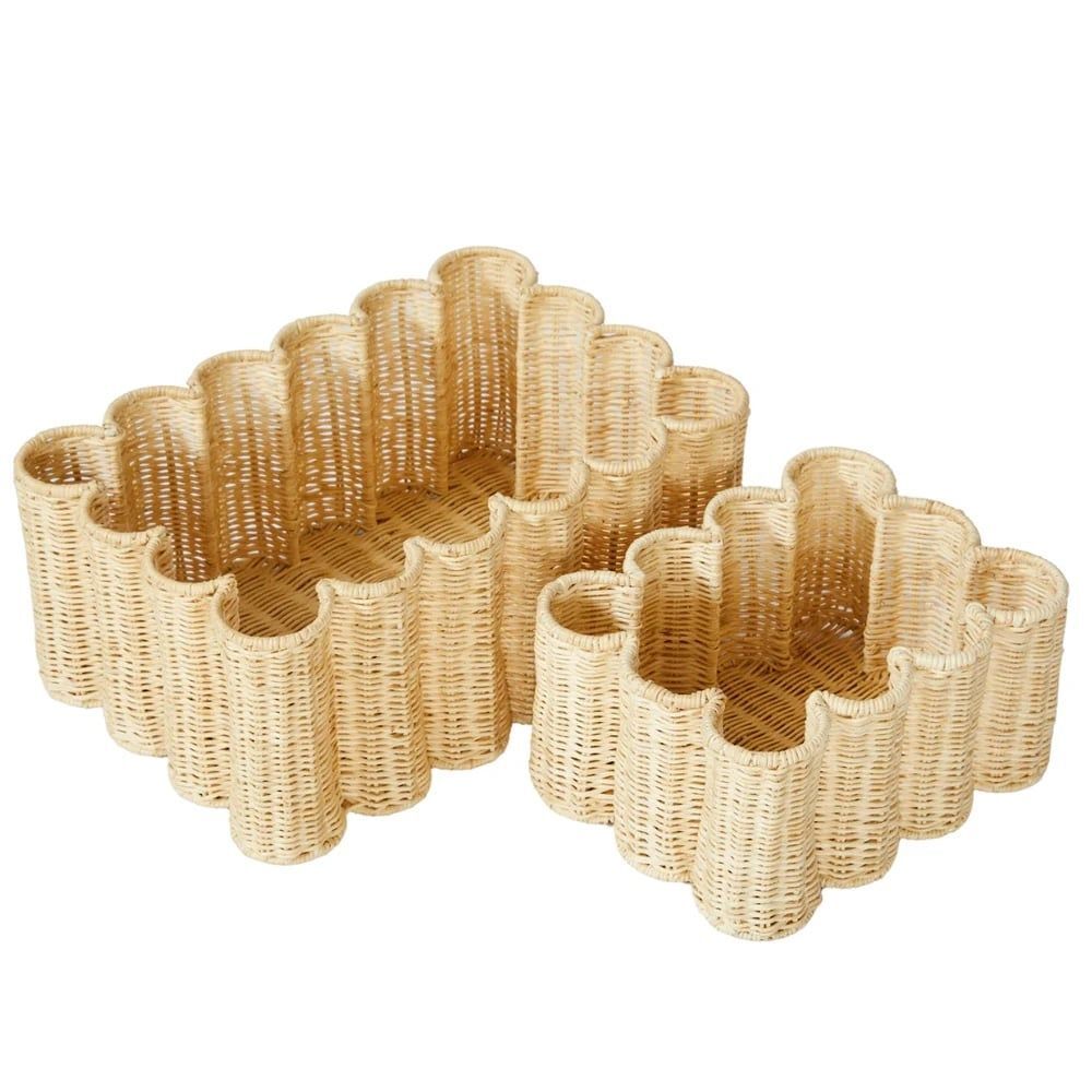 BEBE BASK Unique Wavy Scalloped Nesting Basket Set Of 2 - Ratan Handcrafted NEW